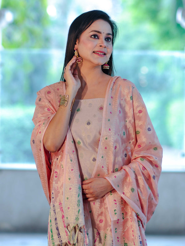 Banarasee Cotton Silk Zari Work Salwar Kameez Fabric With Jaal Design Dupatta Set-Beige & Light Peach