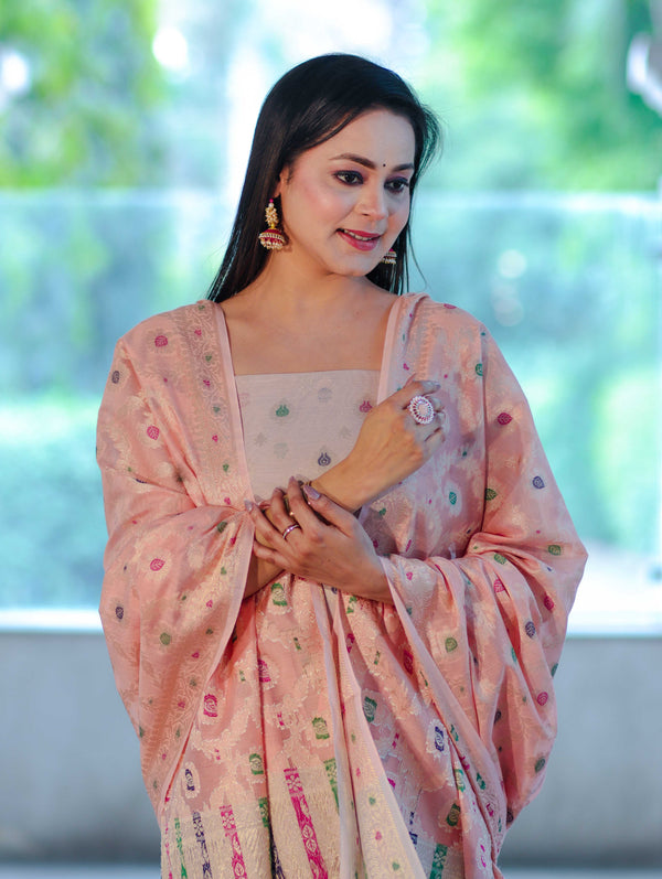 Banarasee Cotton Silk Zari Work Salwar Kameez Fabric With Jaal Design Dupatta Set-Beige & Light Peach