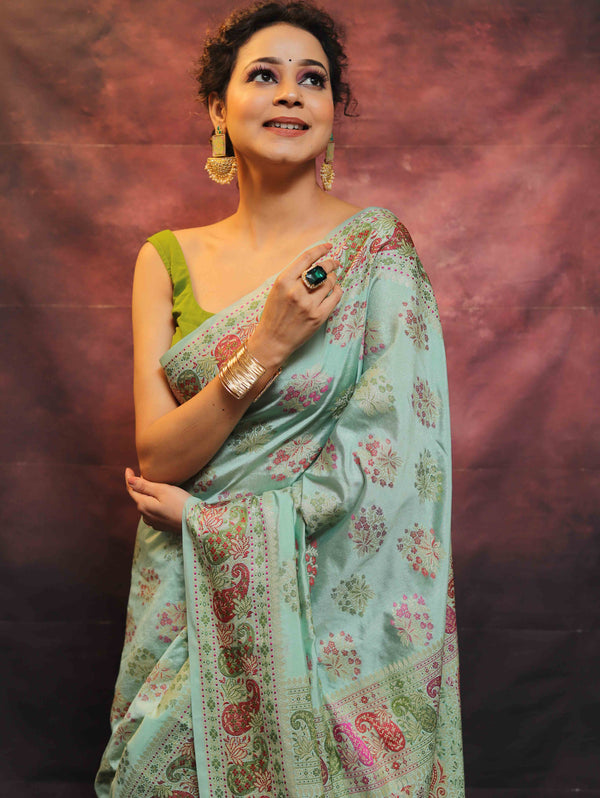 Banarasee Semi-Dupion Silk Saree With Meena & Zari Work-Sea Green