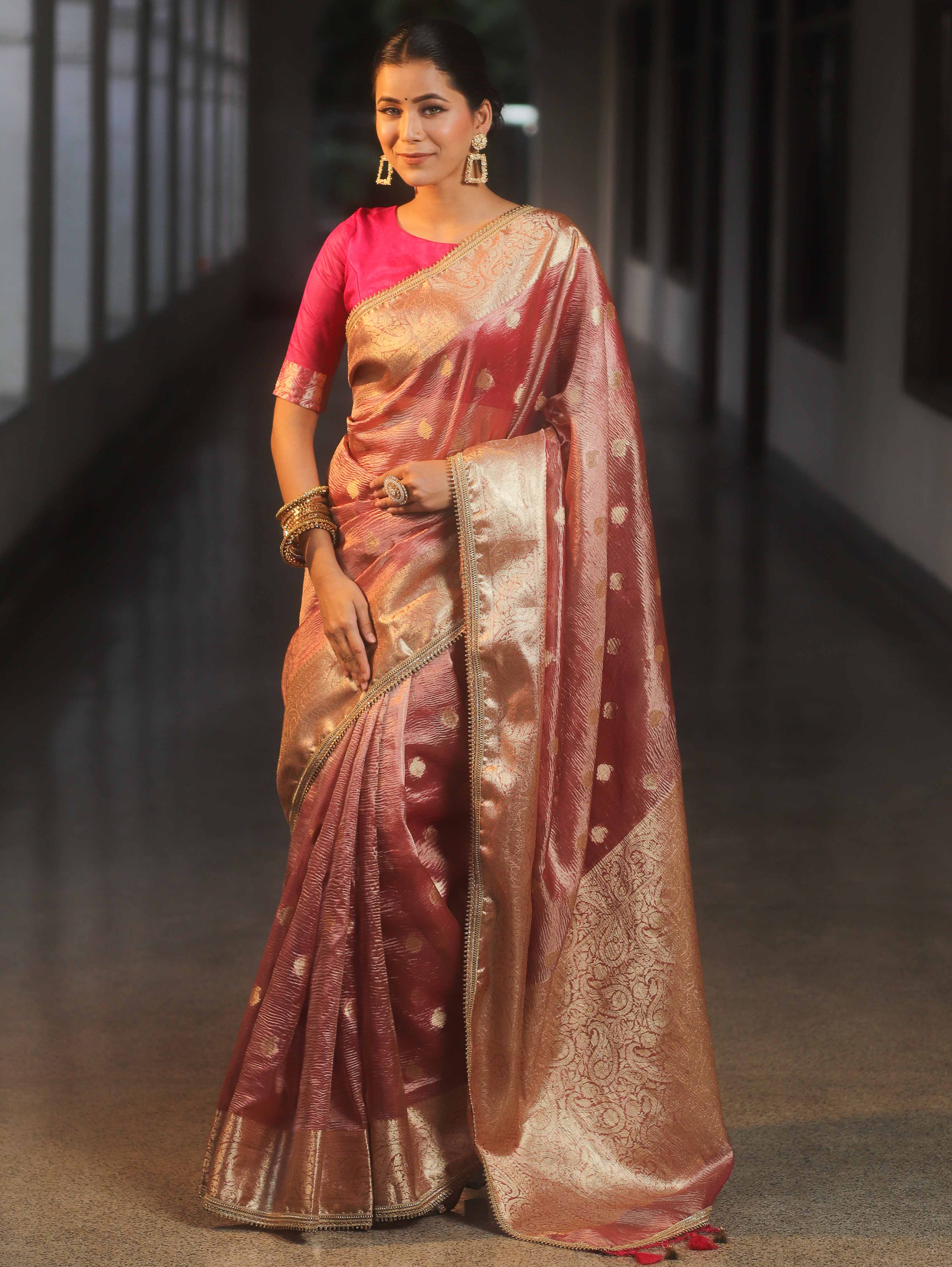 Banarasee Handwoven Crushed Tissue Saree Zari Border With Lace-Pink