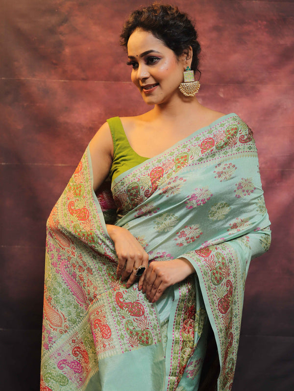 Banarasee Semi-Dupion Silk Saree With Meena & Zari Work-Sea Green