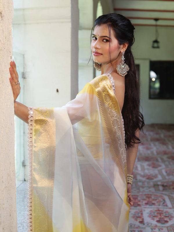 Banarasee Organza Saree With Zari Design Border & Lace-Multicolor