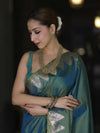 Banarasee Handloom Dual Tone Semi Silk Saree With Zari Border-Teal Green