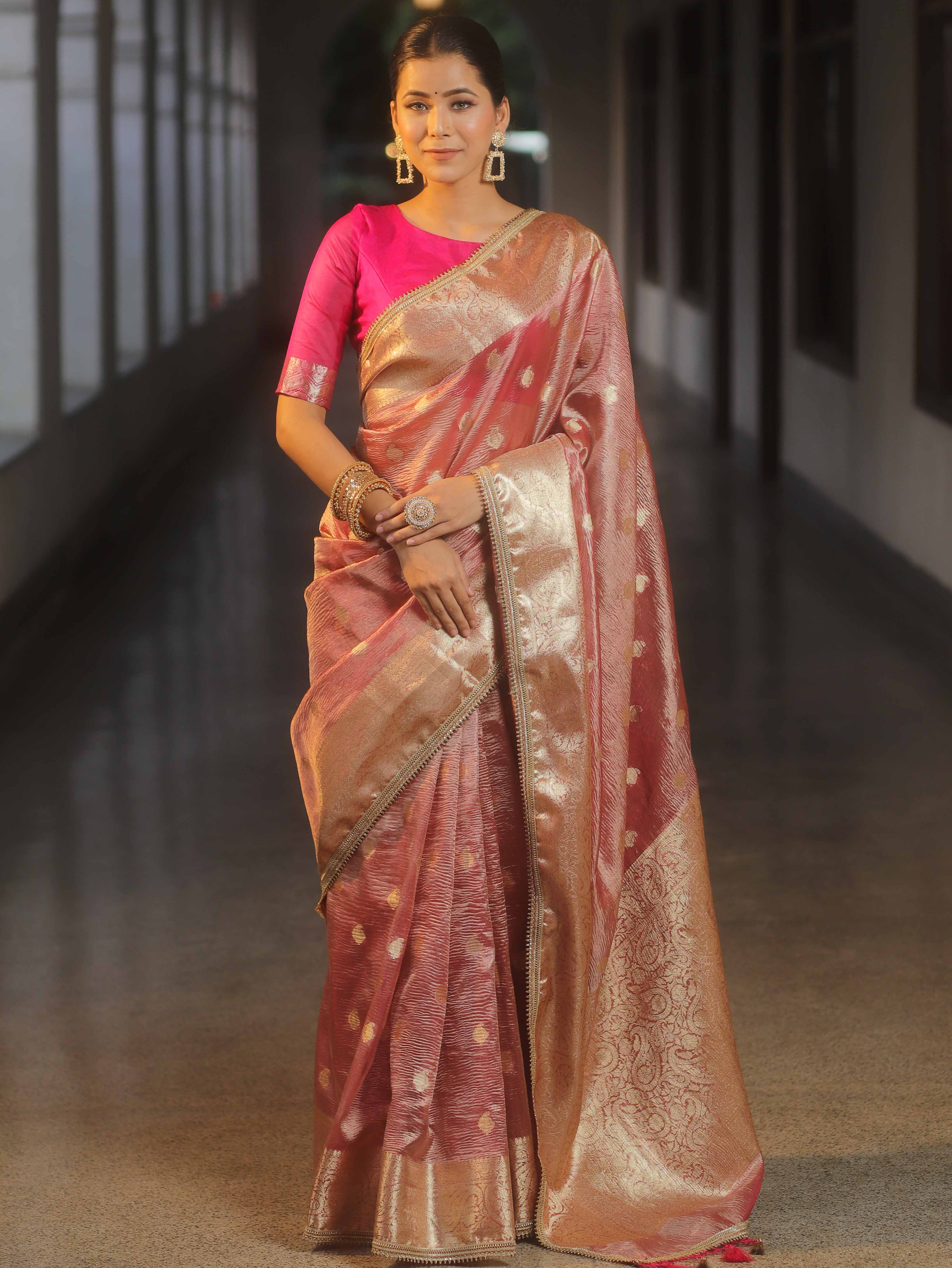 Banarasee Handwoven Crushed Tissue Saree Zari Border With Lace-Pink
