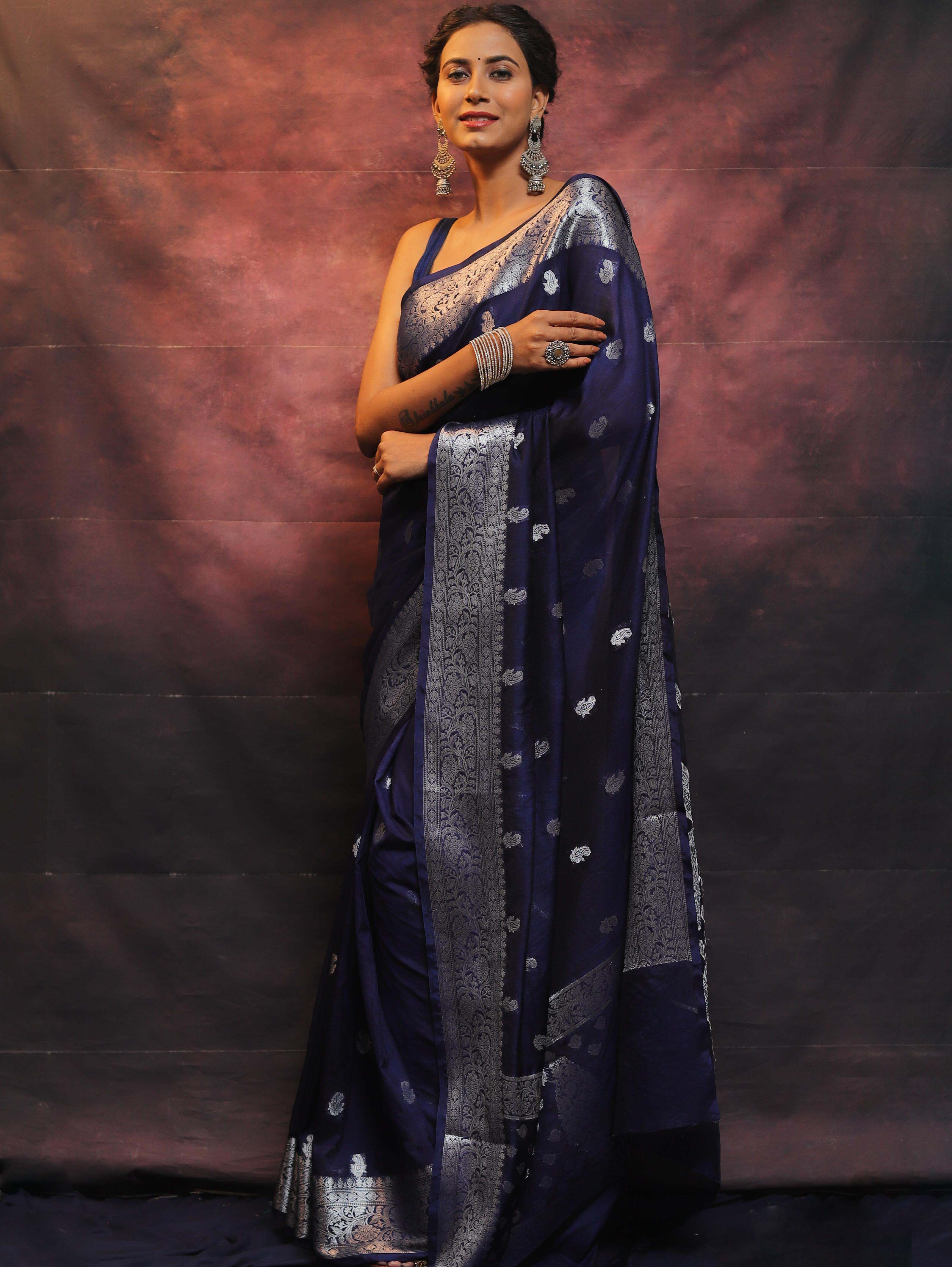 Banarasee Handwoven Semi-Chiffon Saree With Silver Zari Work-Blue