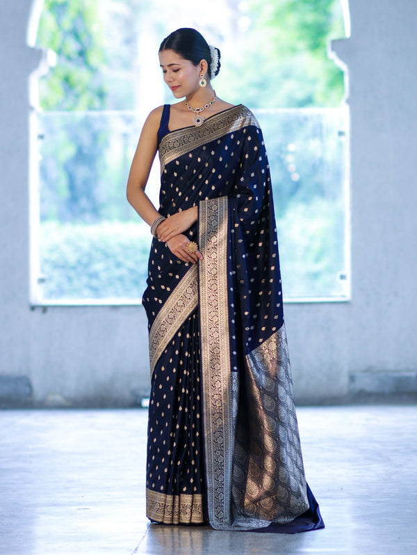 Banarasee Handloom Semi Katan Saree With Buti Work & Border-Deep Blue