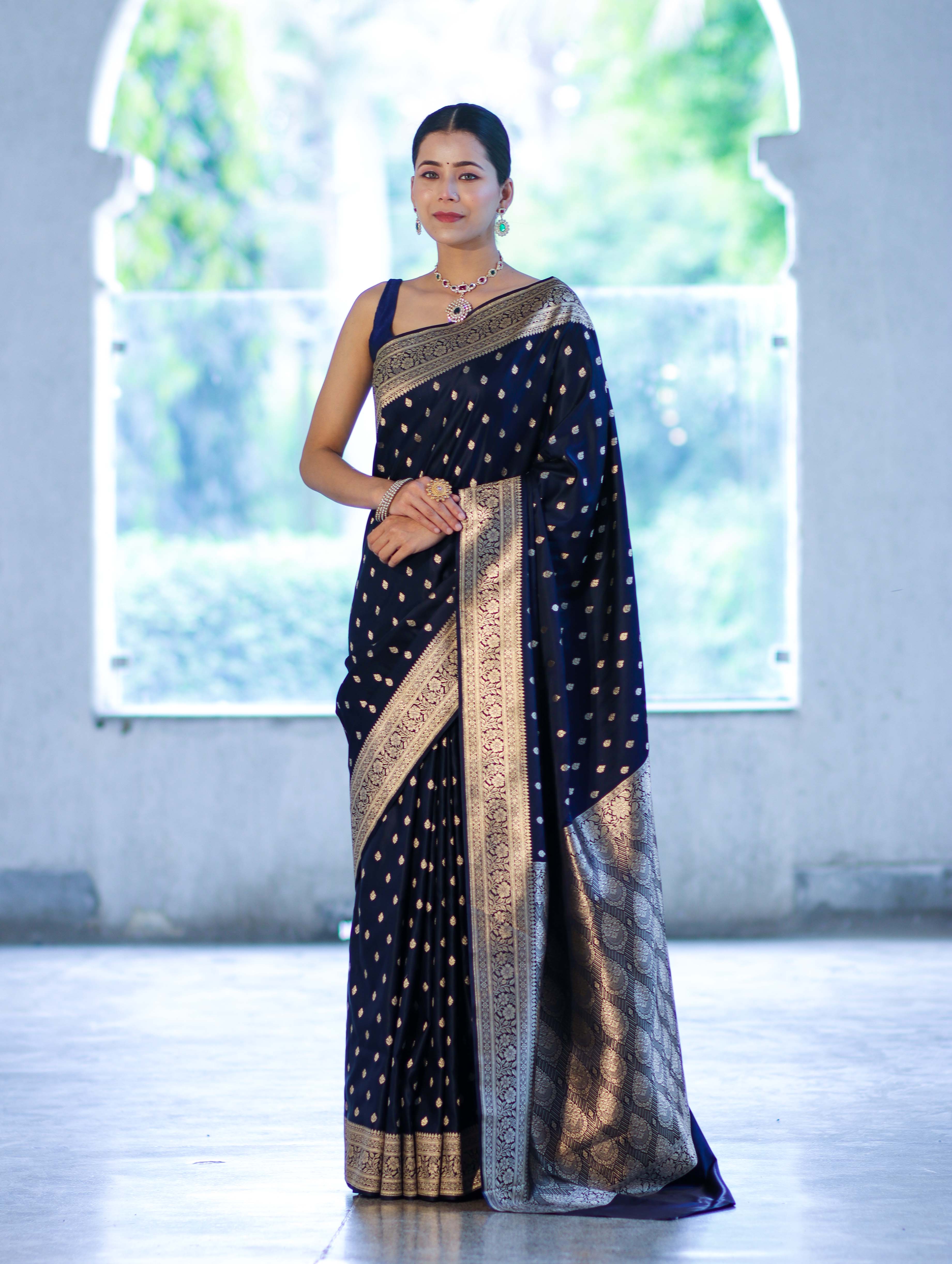 Banarasee Handloom Semi Katan Saree With Buti Work & Border-Deep Blue