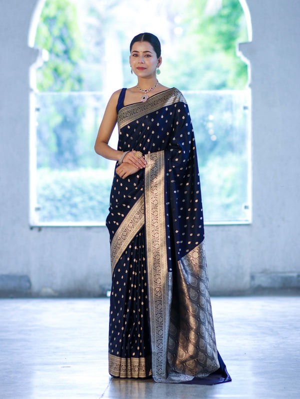 Banarasee Handloom Semi Katan Saree With Buti Work & Border-Deep Blue