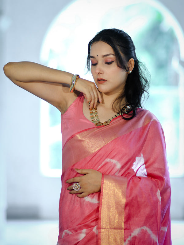 Banarasee Handloom Cotton Silk Hand Dyed Shibori Pattern Saree-Pink