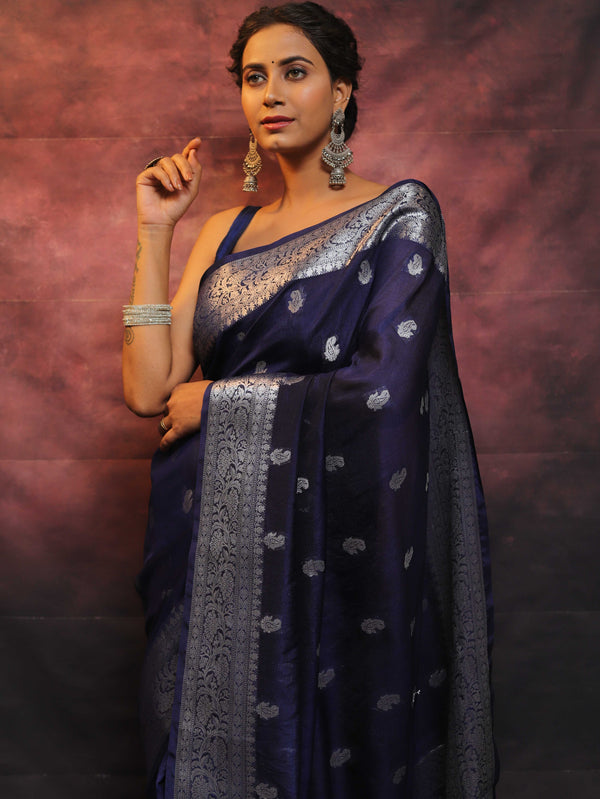 Banarasee Handwoven Semi-Chiffon Saree With Silver Zari Work-Blue