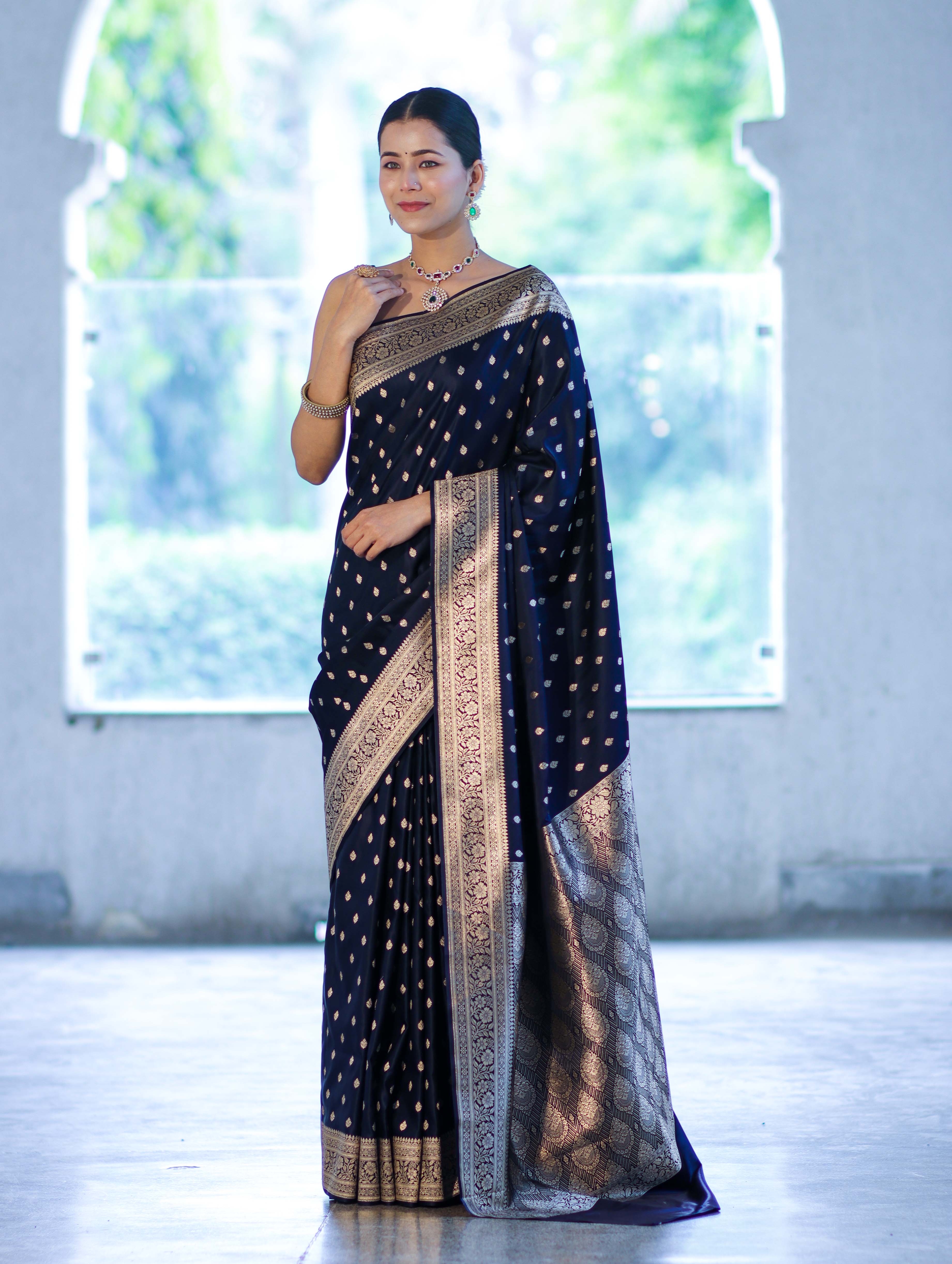 Banarasee Handloom Semi Katan Saree With Buti Work & Border-Deep Blue