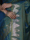 Banarasee Handloom Dual Tone Semi Silk Saree With Zari Border-Teal Green