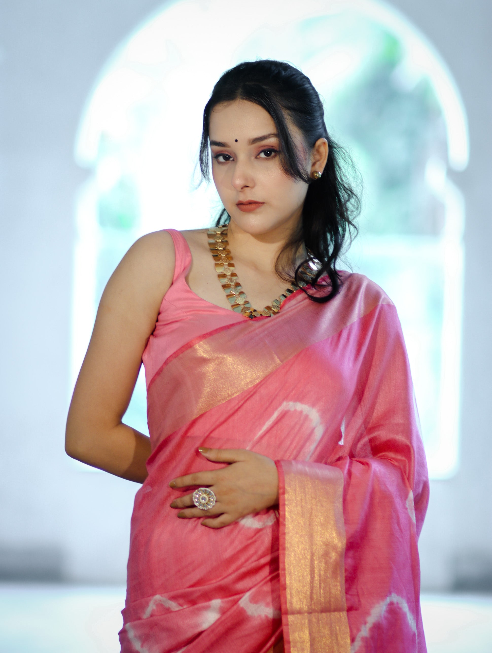 Banarasee Handloom Cotton Silk Hand Dyed Shibori Pattern Saree-Pink