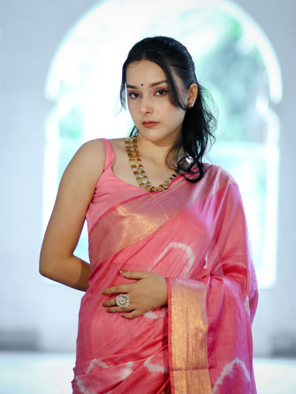 Banarasee Handloom Cotton Silk Hand Dyed Shibori Pattern Saree-Pink