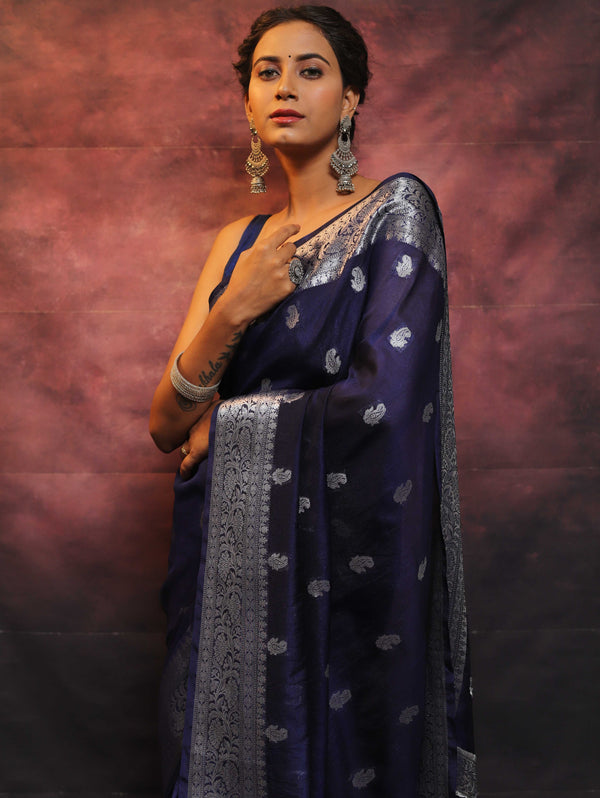 Banarasee Handwoven Semi-Chiffon Saree With Silver Zari Work-Blue