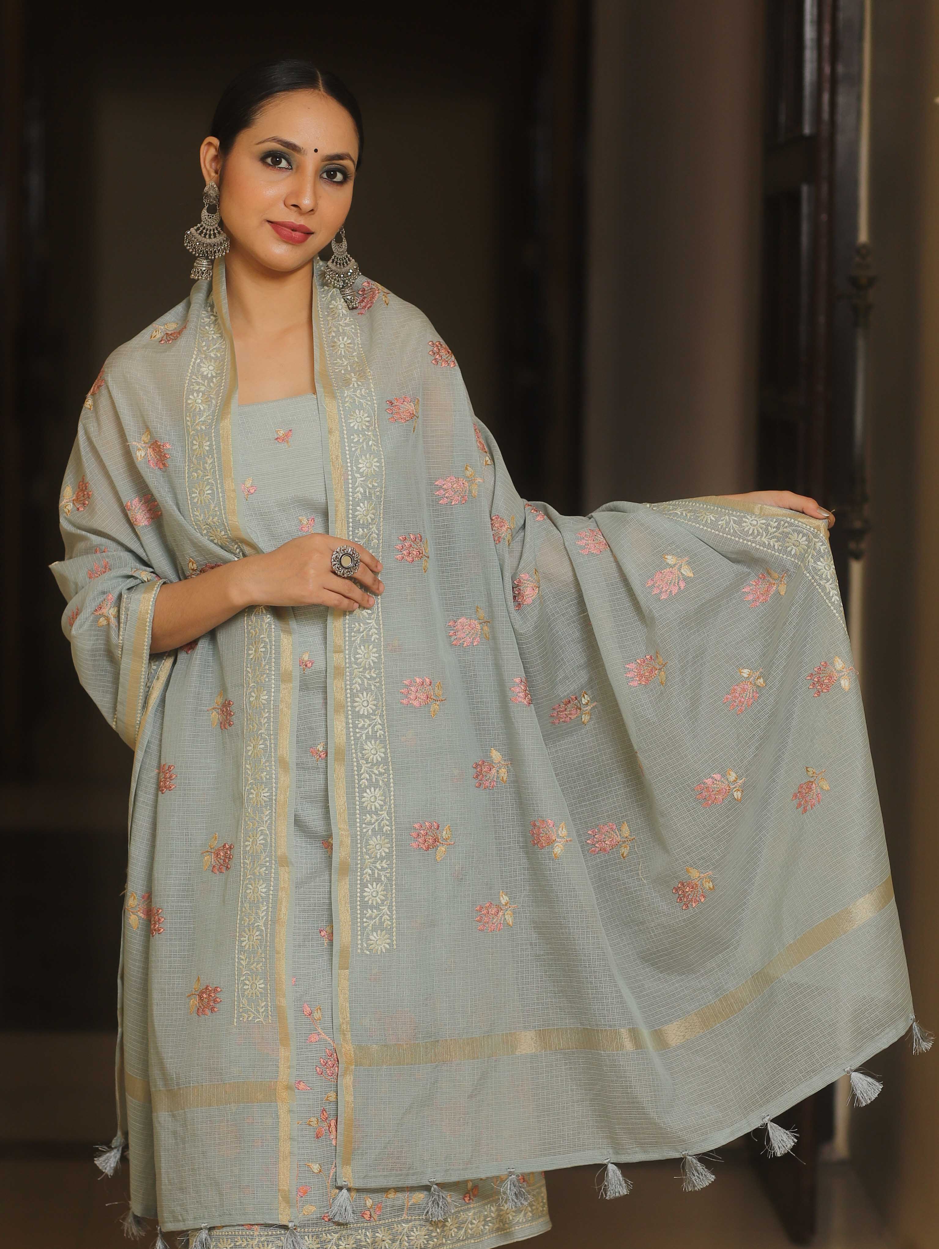 Banarasee Cotton Kota Embroidery Work Salwar Kameez Fabric With Dupatta-Grey