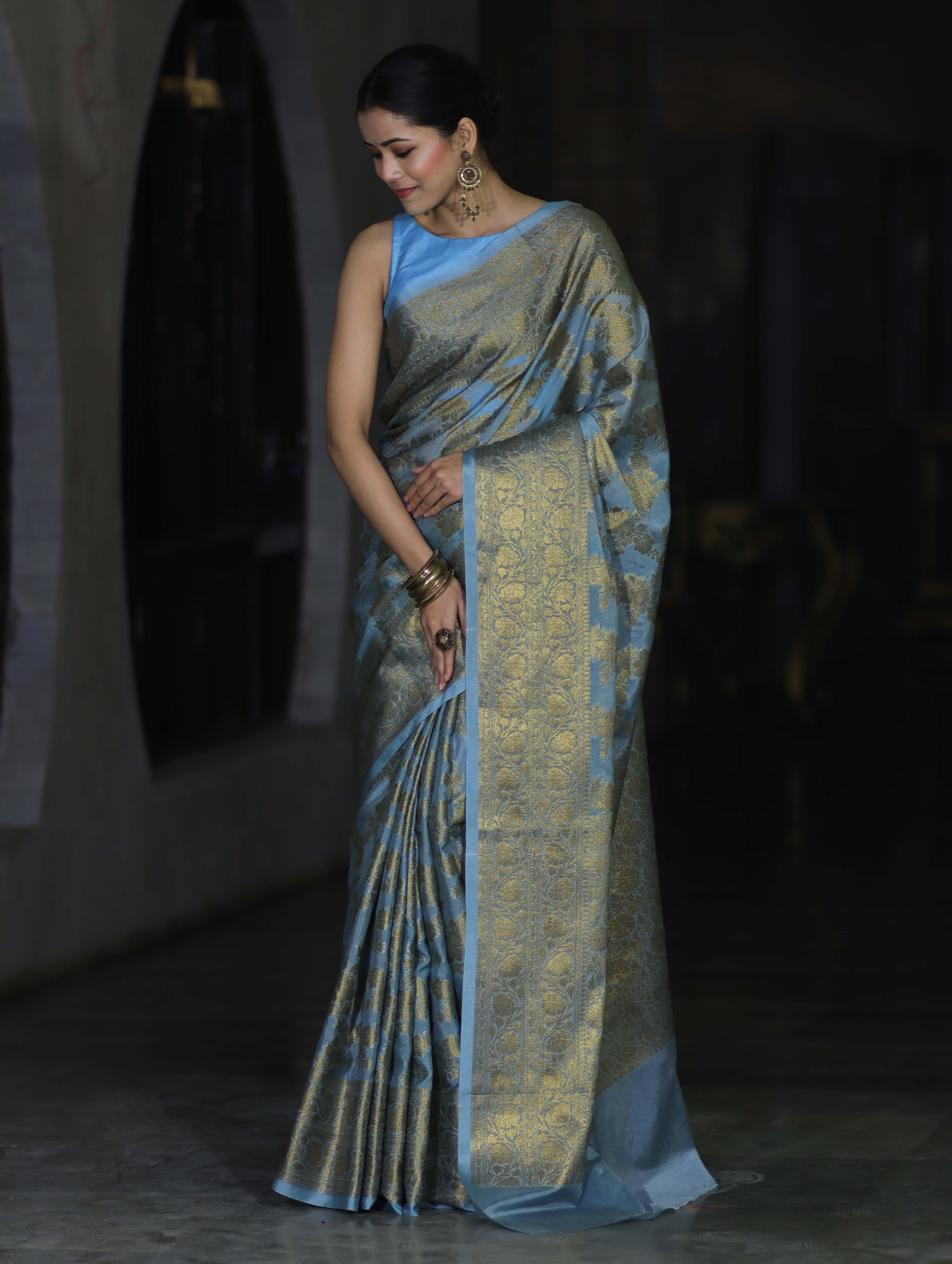 Banarasee Handwoven Georgette Saree With Antique Zari Jaal Design & Floral Border-Pastel Blue