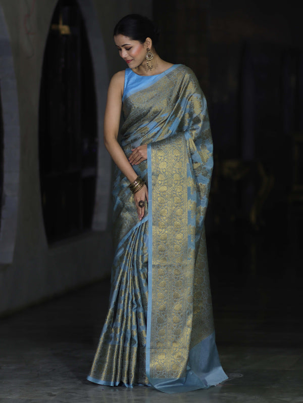 Banarasee Handwoven Georgette Saree With Antique Zari Jaal Design & Floral Border-Pastel Blue