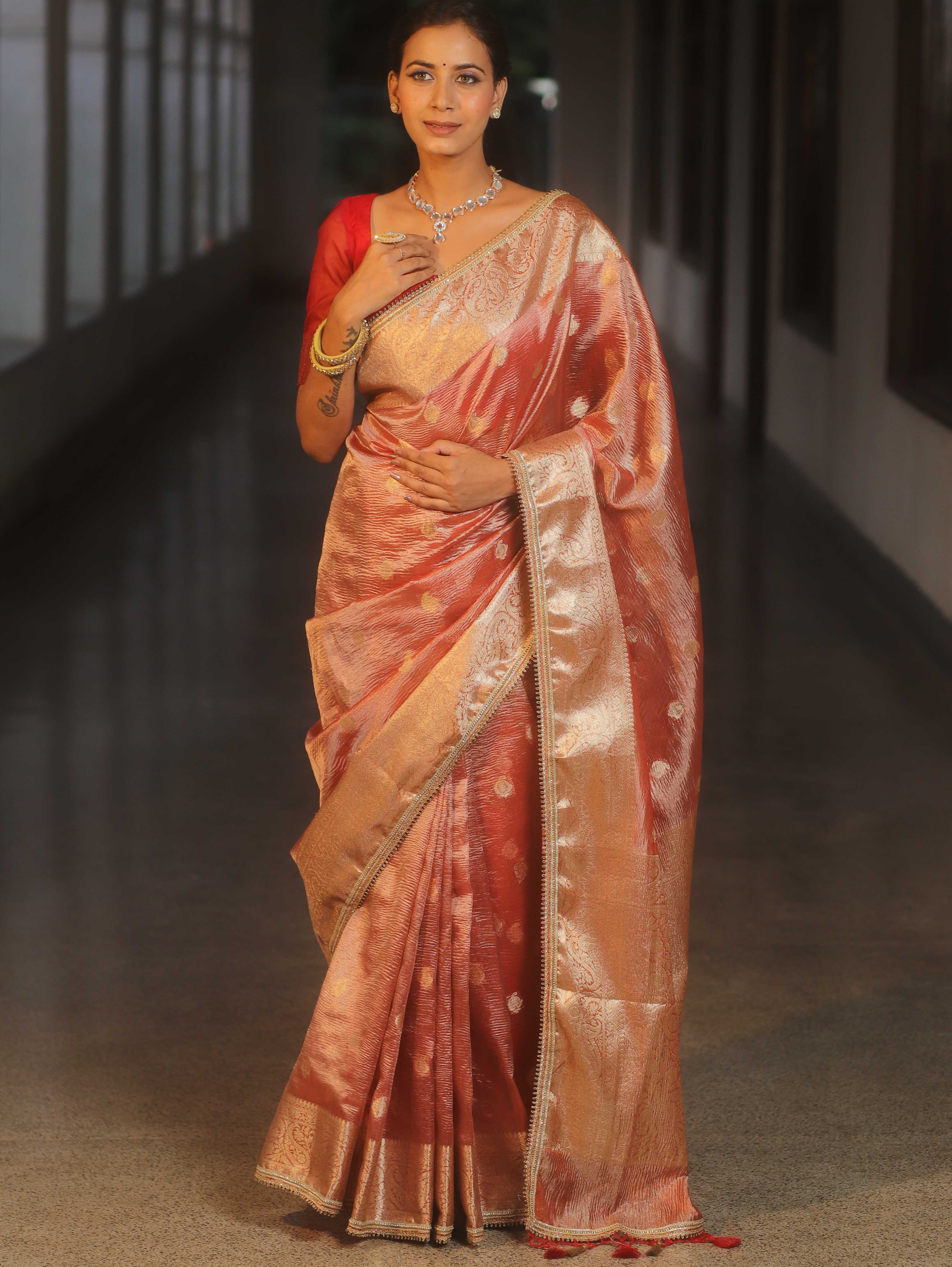 Banarasee Handwoven Crushed Tissue Saree Zari Border With Lace-Red