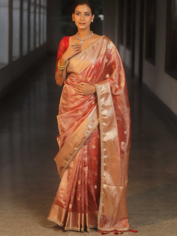 Banarasee Handwoven Crushed Tissue Saree Zari Border With Lace-Red