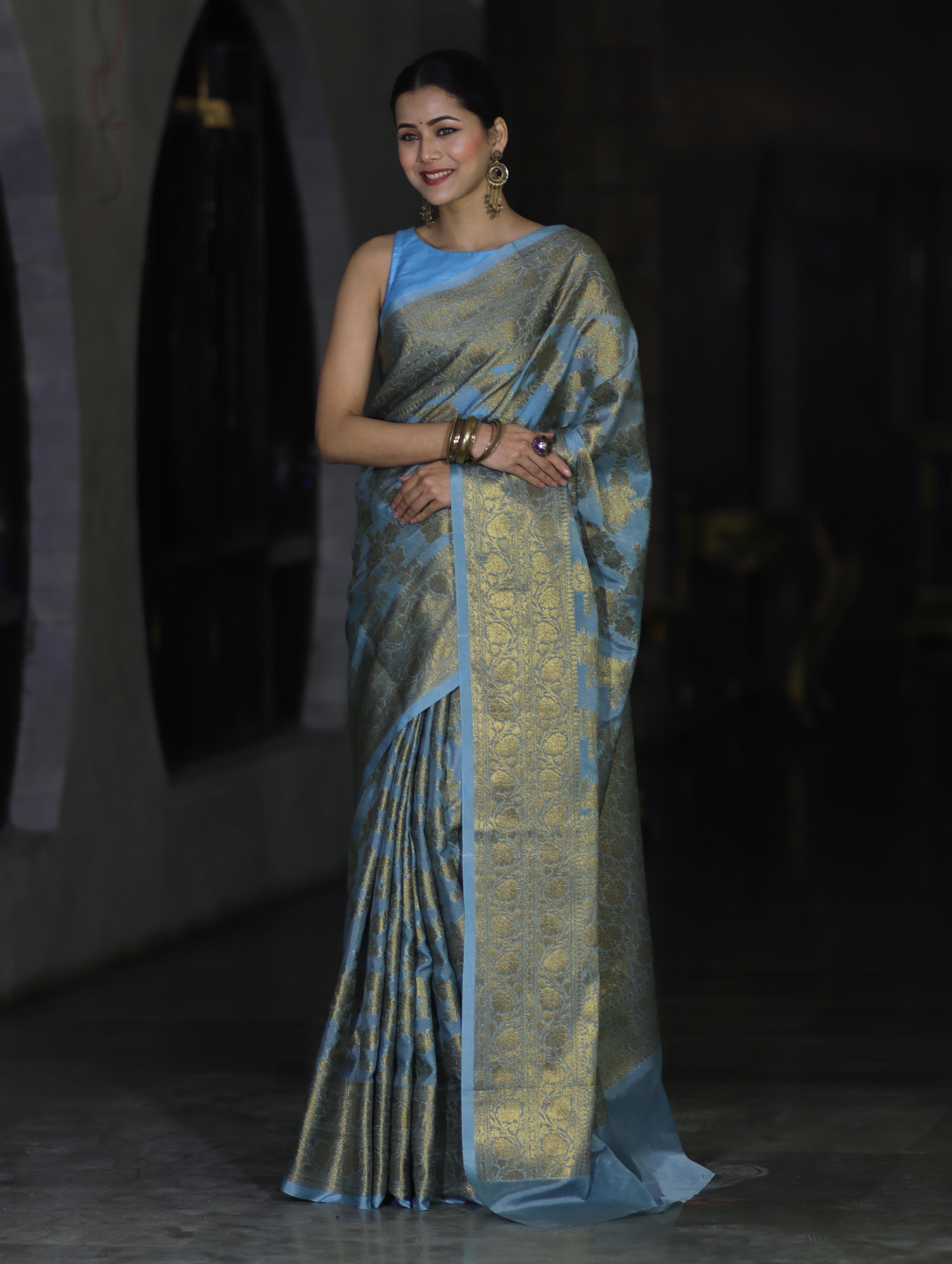 Banarasee Handwoven Georgette Saree With Antique Zari Jaal Design & Floral Border-Pastel Blue