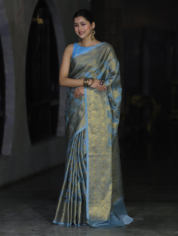 Banarasee Handwoven Georgette Saree With Antique Zari Jaal Design & Floral Border-Pastel Blue