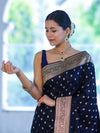 Banarasee Handloom Semi Katan Saree With Buti Work & Border-Deep Blue