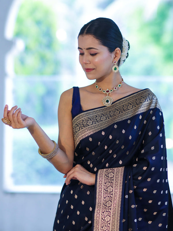 Banarasee Handloom Semi Katan Saree With Buti Work & Border-Deep Blue