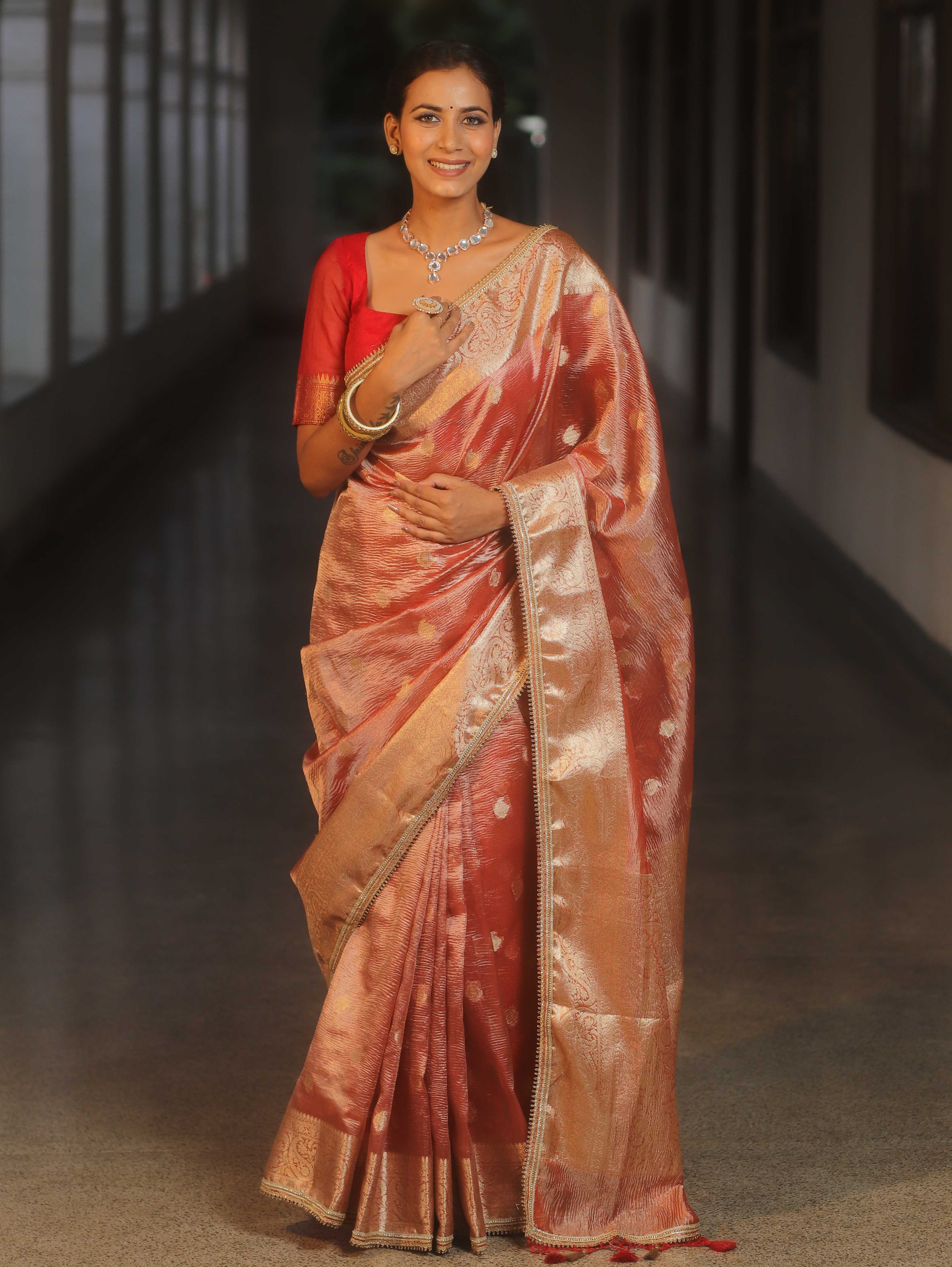 Banarasee Handwoven Crushed Tissue Saree Zari Border With Lace-Red