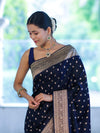 Banarasee Handloom Semi Katan Saree With Buti Work & Border-Deep Blue