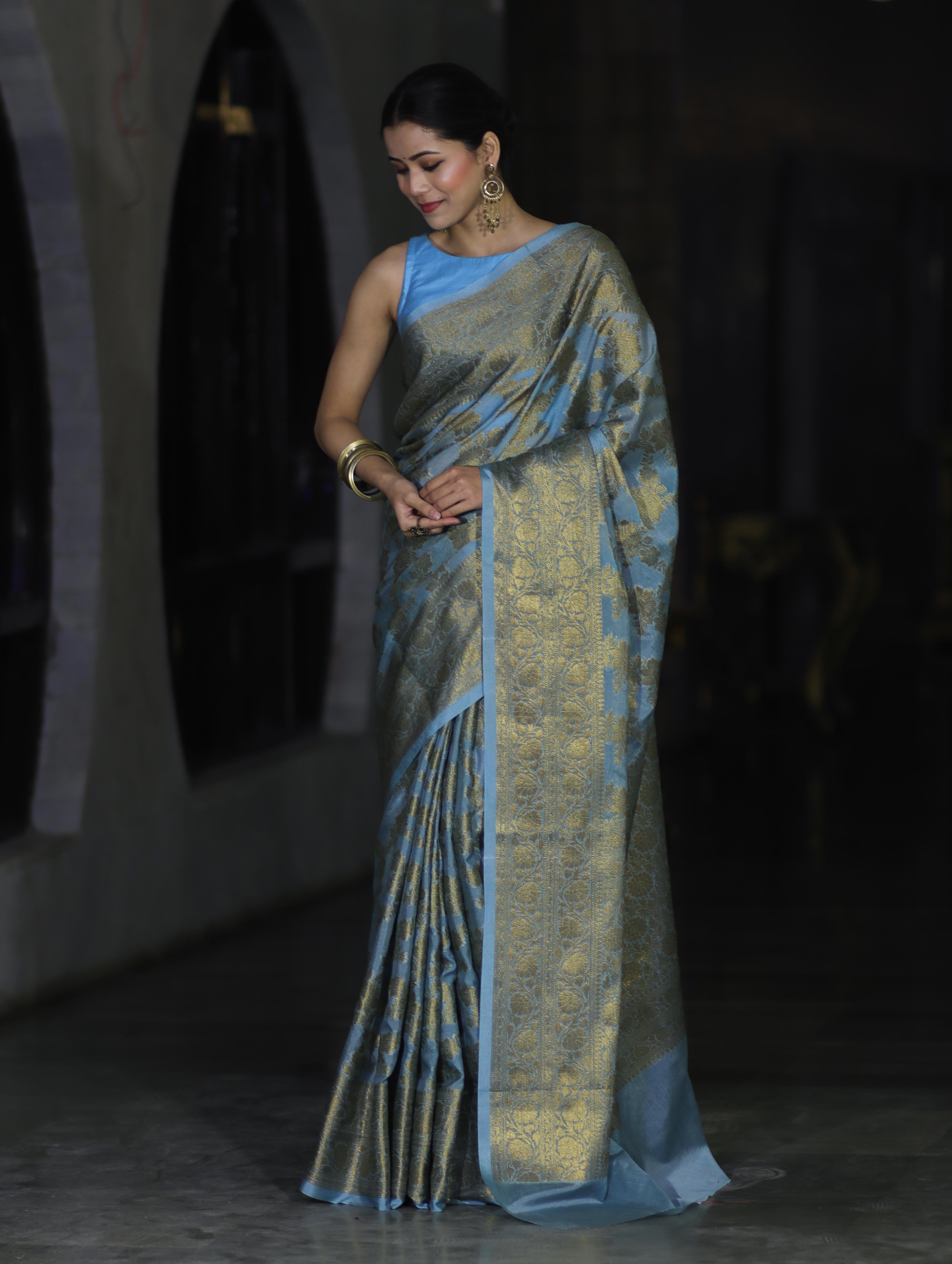 Banarasee Handwoven Georgette Saree With Antique Zari Jaal Design & Floral Border-Pastel Blue