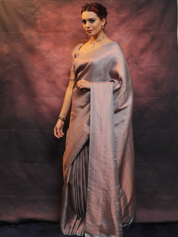Banarasee Kubera Pattu Soft Silk Saree With Copper Zari Work-Grey