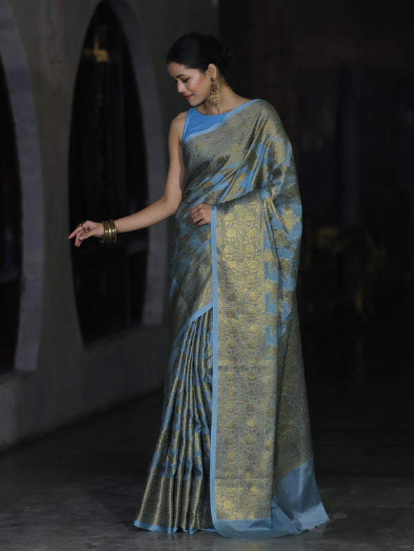 Banarasee Handwoven Georgette Saree With Antique Zari Jaal Design & Floral Border-Pastel Blue