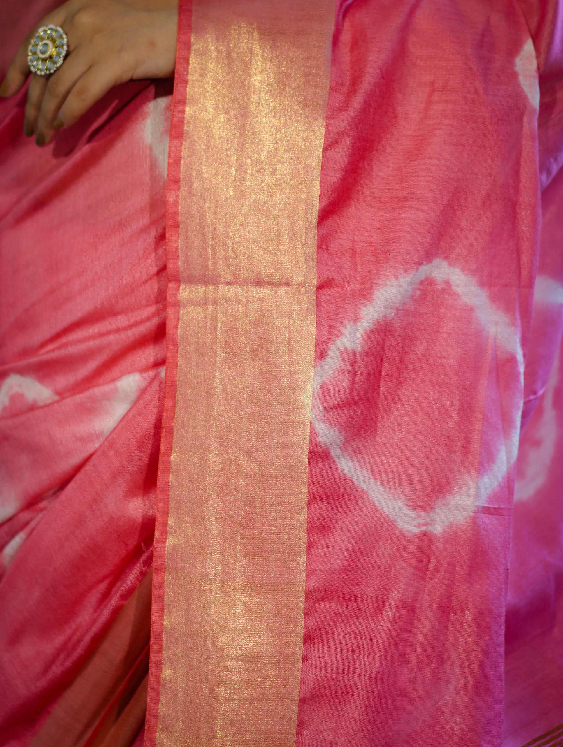 Banarasee Handloom Cotton Silk Hand Dyed Shibori Pattern Saree-Pink