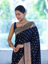 Banarasee Handloom Semi Katan Saree With Buti Work & Border-Deep Blue
