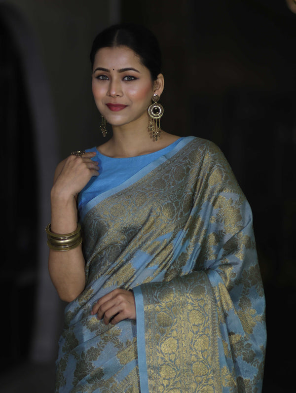 Banarasee Handwoven Georgette Saree With Antique Zari Jaal Design & Floral Border-Pastel Blue