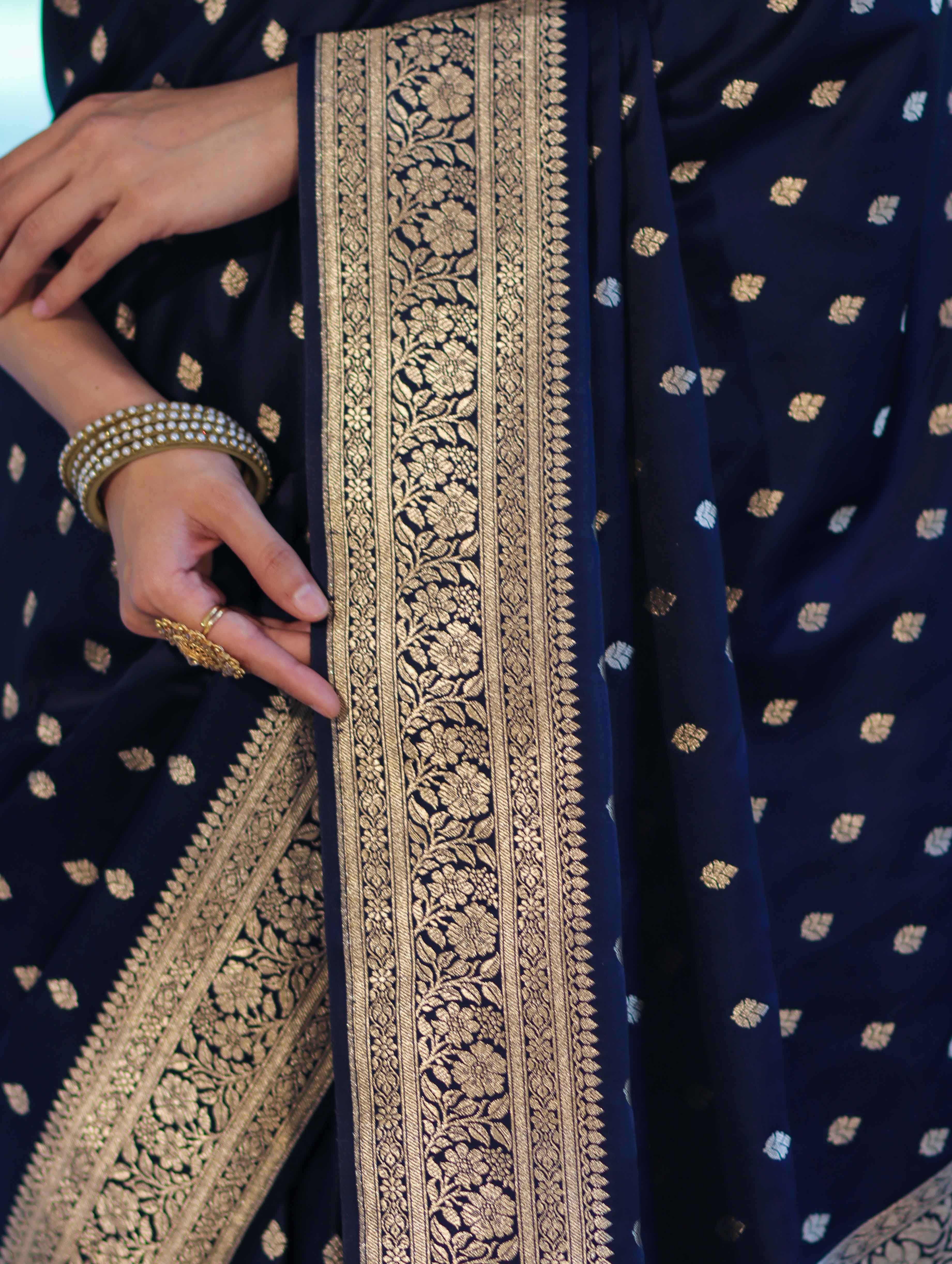 Banarasee Handloom Semi Katan Saree With Buti Work & Border-Deep Blue