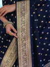 Banarasee Handloom Semi Katan Saree With Buti Work & Border-Deep Blue