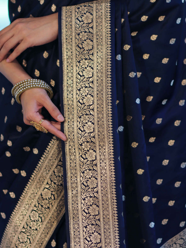 Banarasee Handloom Semi Katan Saree With Buti Work & Border-Deep Blue