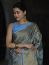 Banarasee Handwoven Georgette Saree With Antique Zari Jaal Design & Floral Border-Pastel Blue