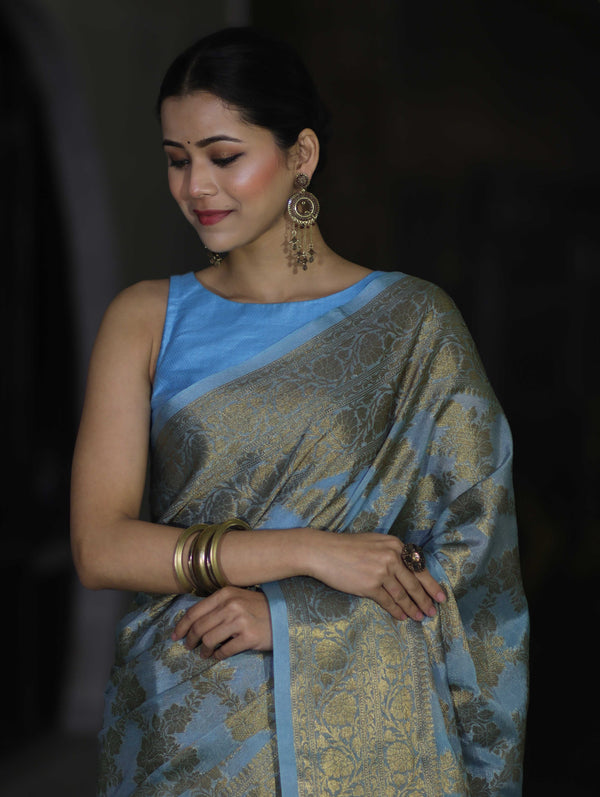 Banarasee Handwoven Georgette Saree With Antique Zari Jaal Design & Floral Border-Pastel Blue