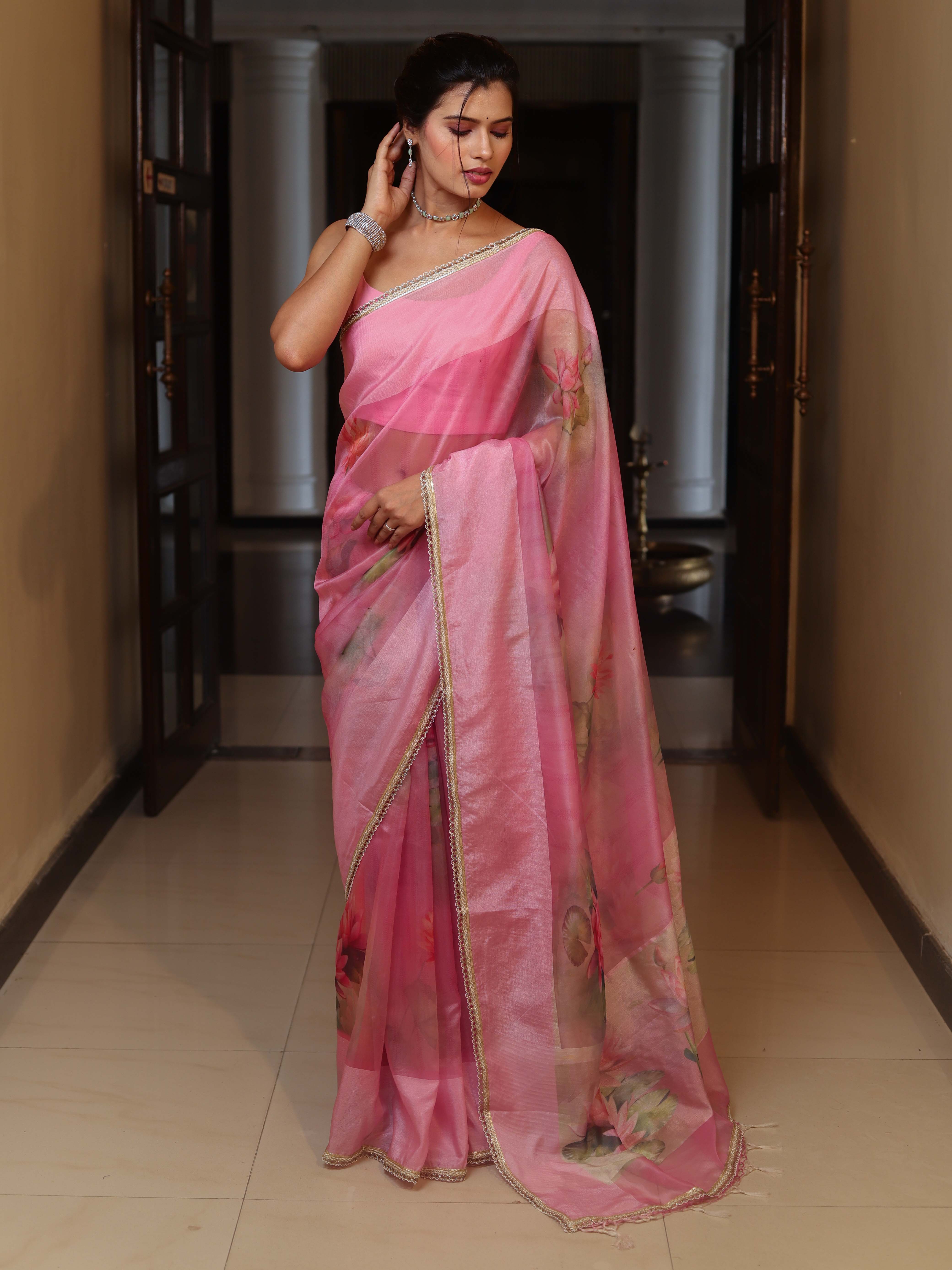 Banarasee Digital Printed Tissue Saree With Lace-Light Pink