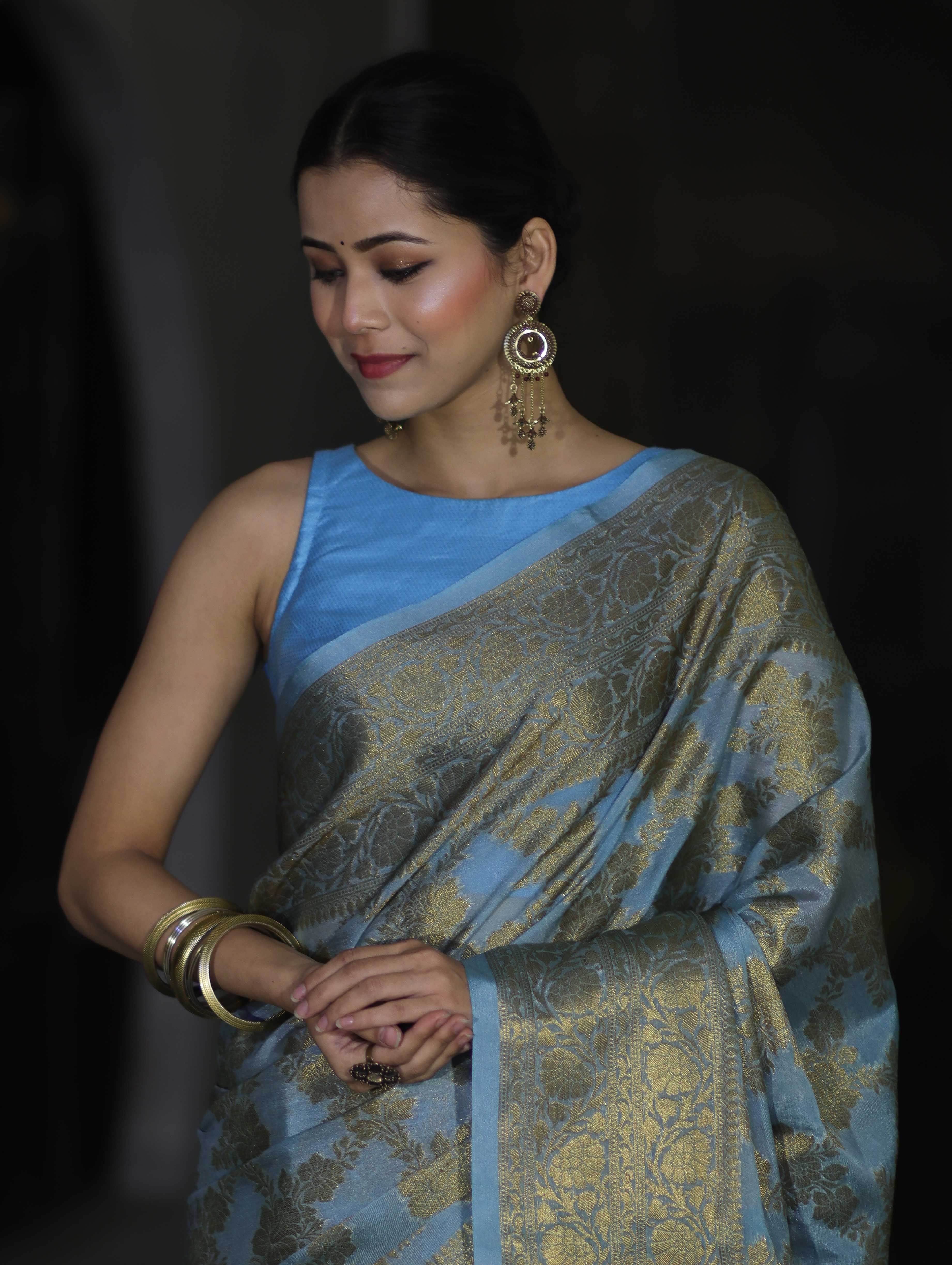 Banarasee Handwoven Georgette Saree With Antique Zari Jaal Design & Floral Border-Pastel Blue