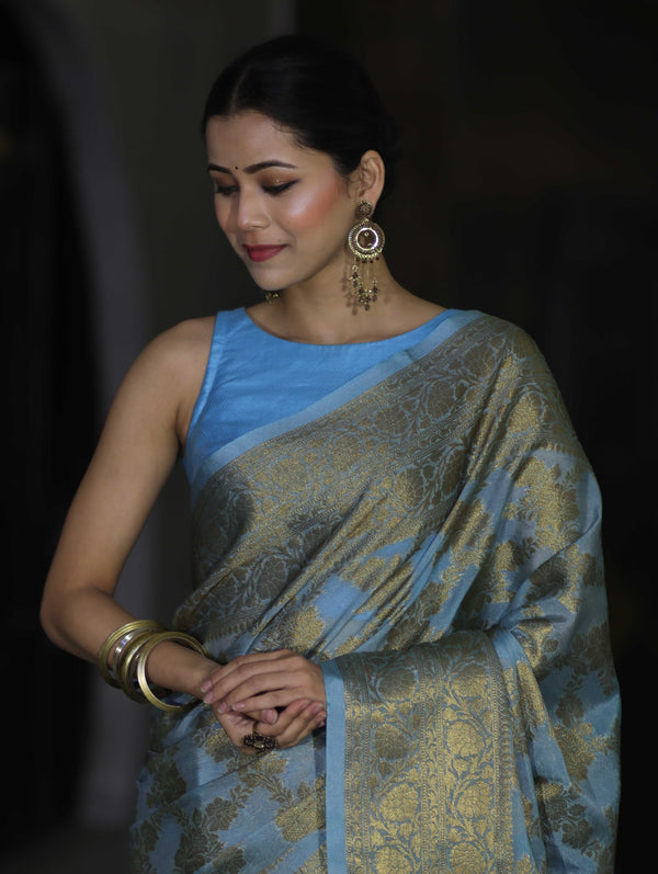 Banarasee Handwoven Georgette Saree With Antique Zari Jaal Design & Floral Border-Pastel Blue