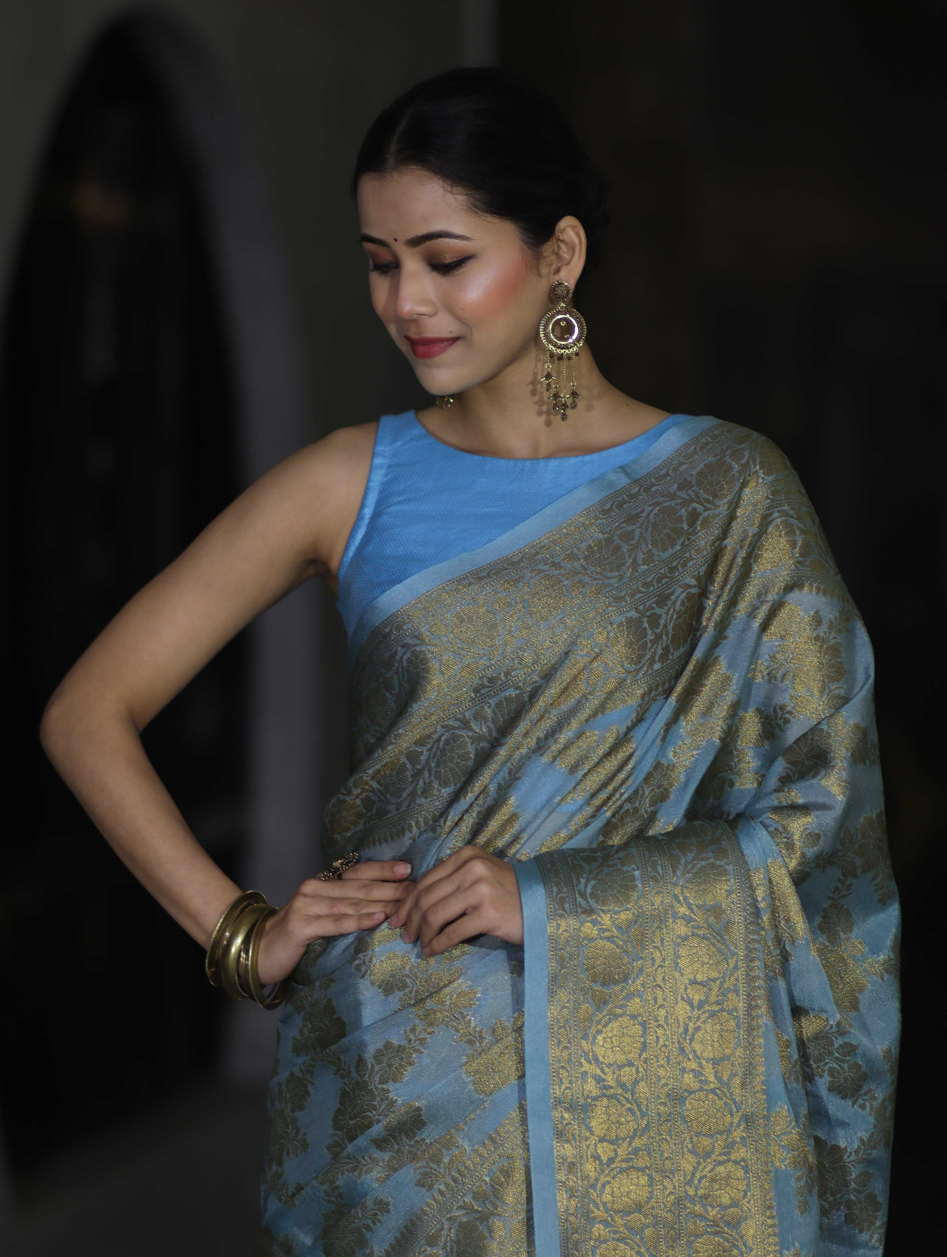 Banarasee Handwoven Georgette Saree With Antique Zari Jaal Design & Floral Border-Pastel Blue