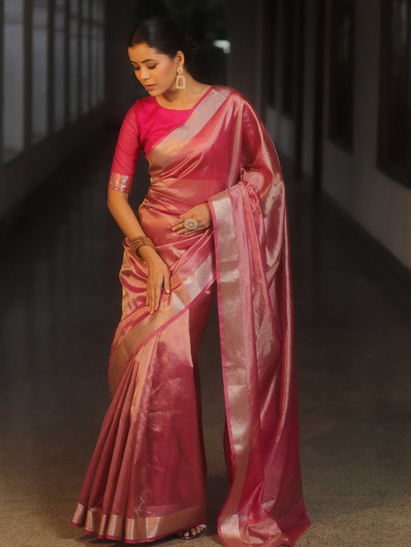 Banarasee Handwoven Plain Tissue Zari Border Saree-Pink
