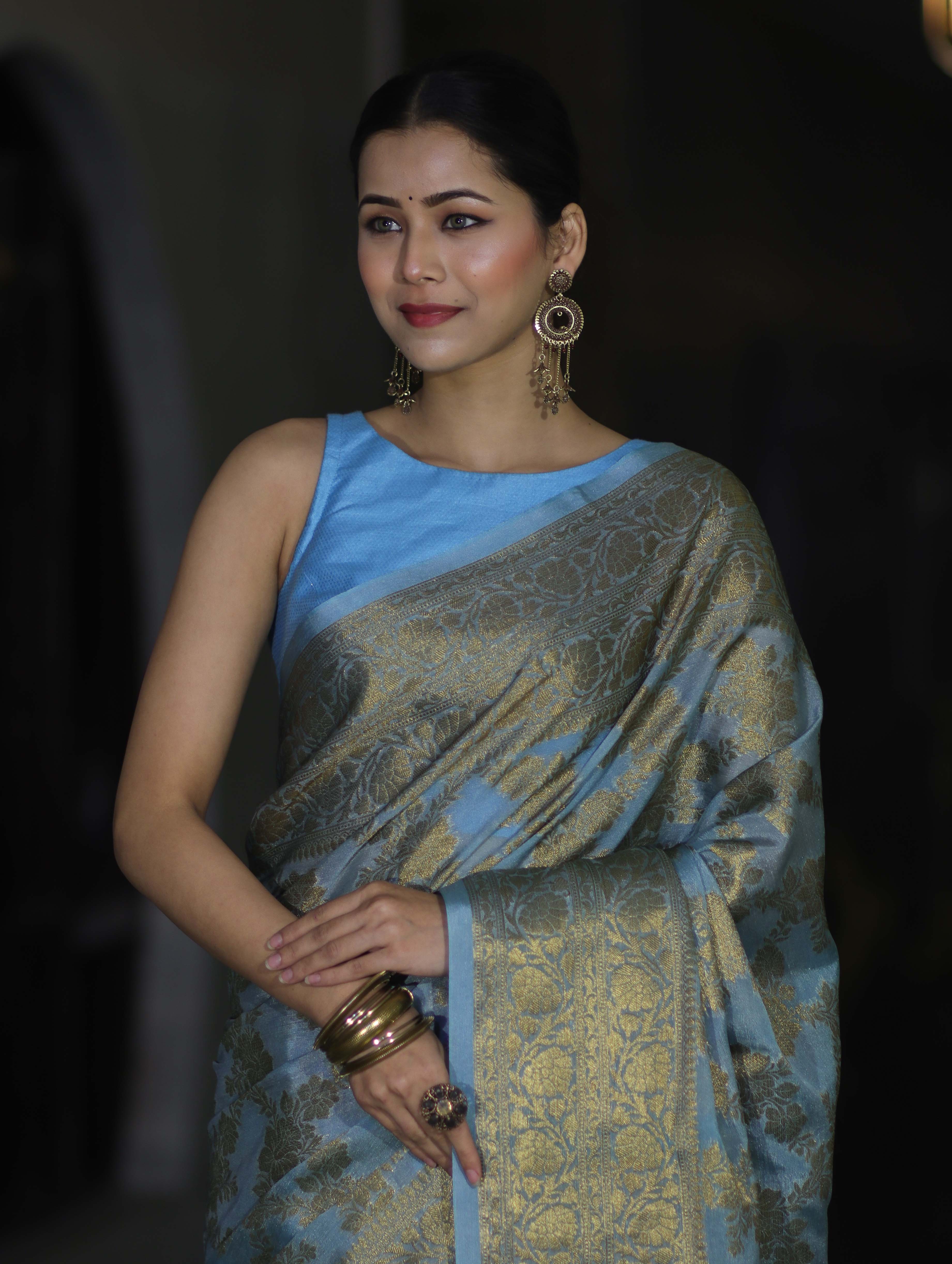 Banarasee Handwoven Georgette Saree With Antique Zari Jaal Design & Floral Border-Pastel Blue