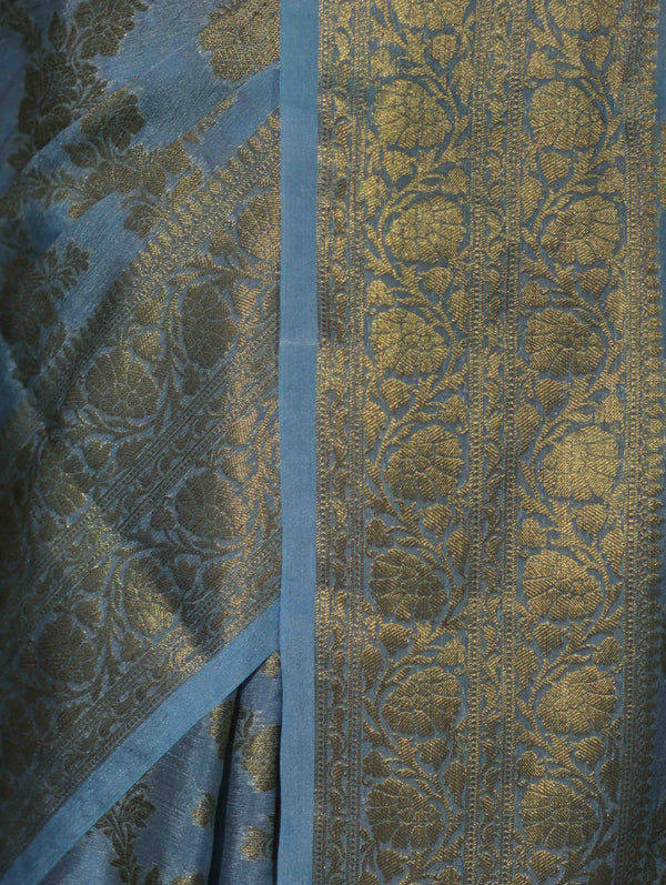 Banarasee Handwoven Georgette Saree With Antique Zari Jaal Design & Floral Border-Pastel Blue