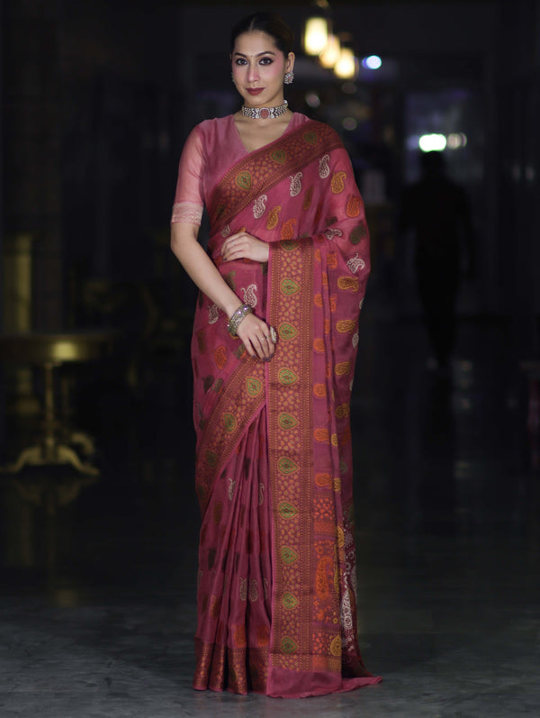 Banarasee Pure Chiffon Saree With Resham Buta Work & Border-Mauve