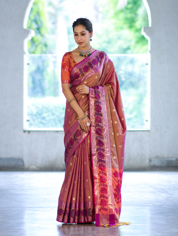 Banarasee Handloom Dual Tone Semi Silk Saree With Buti Design & Ikkat Border-Mauve